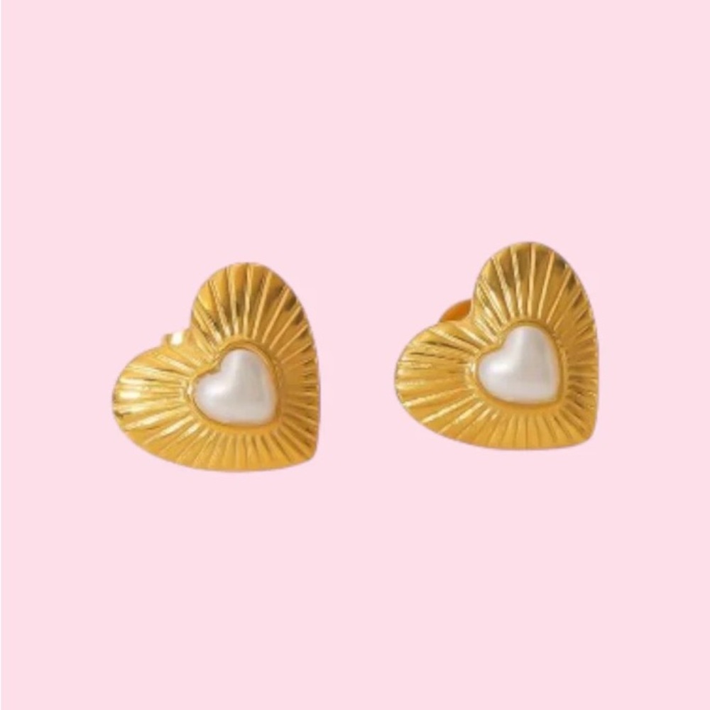 Gold Heart Earrings with Pearl Center